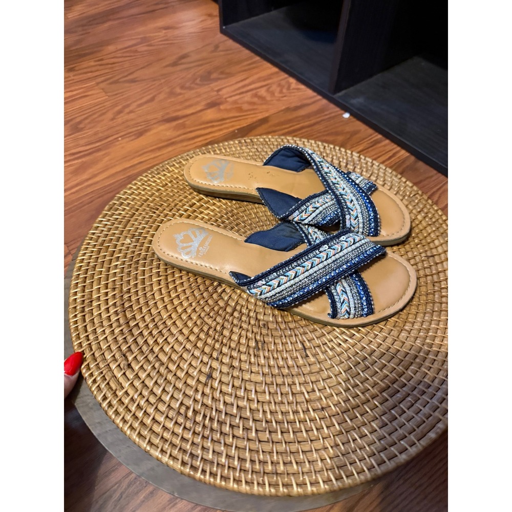 Fergalicious by Fergie Starlit Beaded Sequin Crisscross Slide Sandals Blue 6.5M - Picture 6 of 12